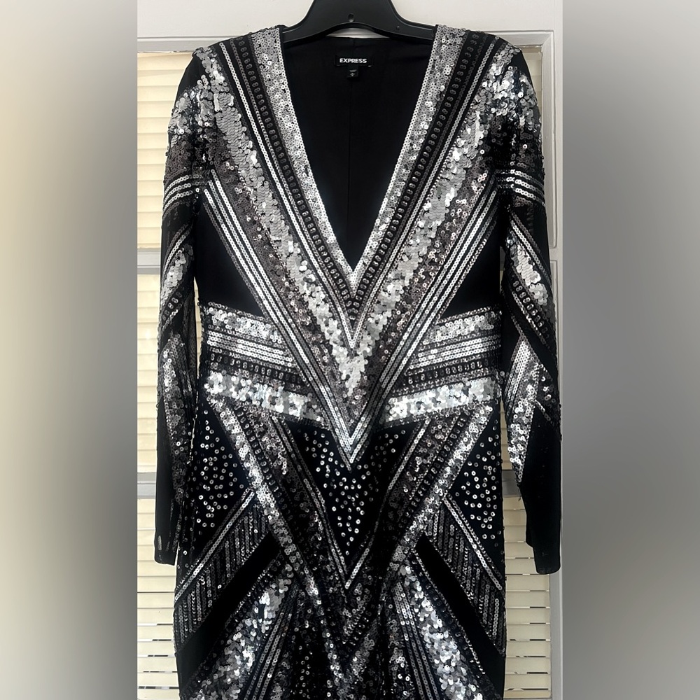 Express Sequin and Mesh Party Dress Deep V Long Sleeve - Picture 6 of 6
